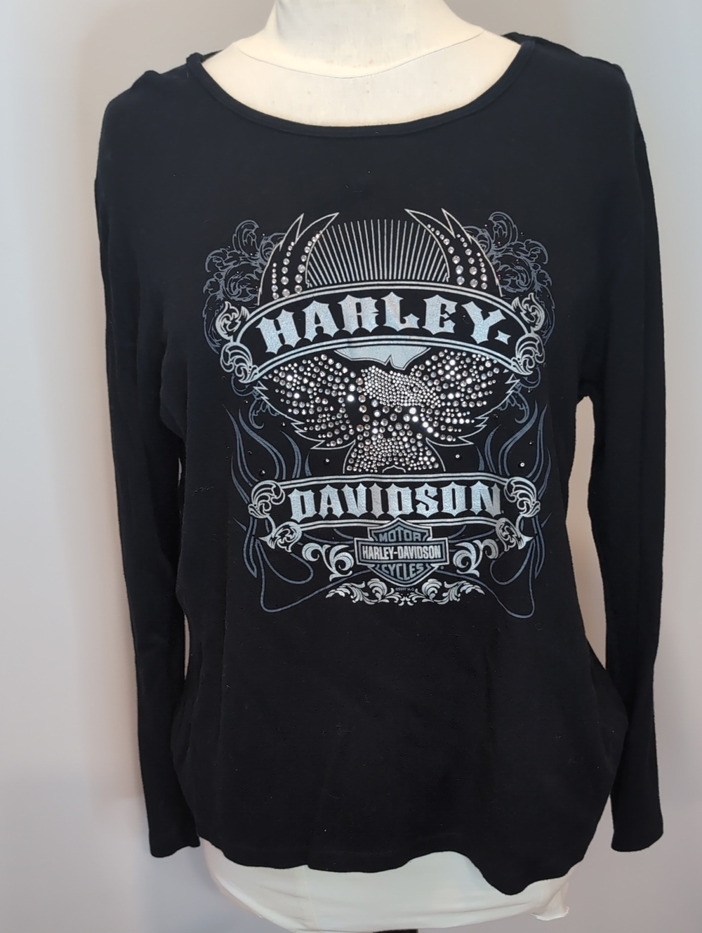 Y2K Harley-Davidson Black Tee with Silver Graphic and Rhinestones 1X Plus Size